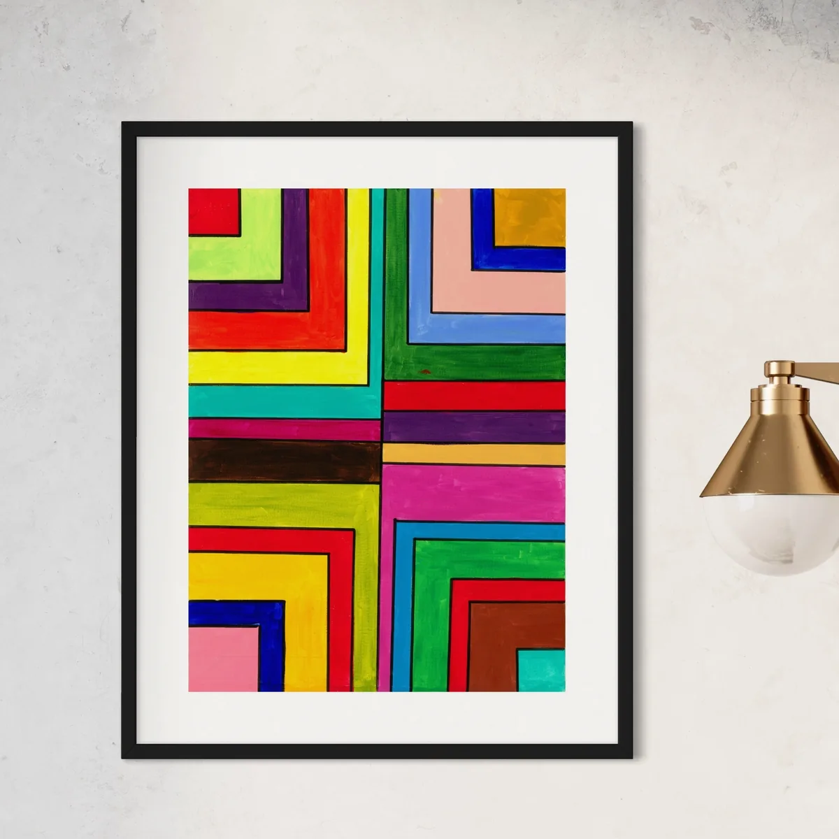 Abstract composition of intersecting colorful geometric blocks in a black frame.