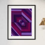 Abstract composition of deep purples and reds in a geometric, spiraling pattern within a black frame.