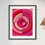 Abstract acrylic composition of concentric, overlapping circles in vibrant reds and pinks, framed in black.