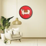 Red circular artwork featuring a white cow on a patterned background.