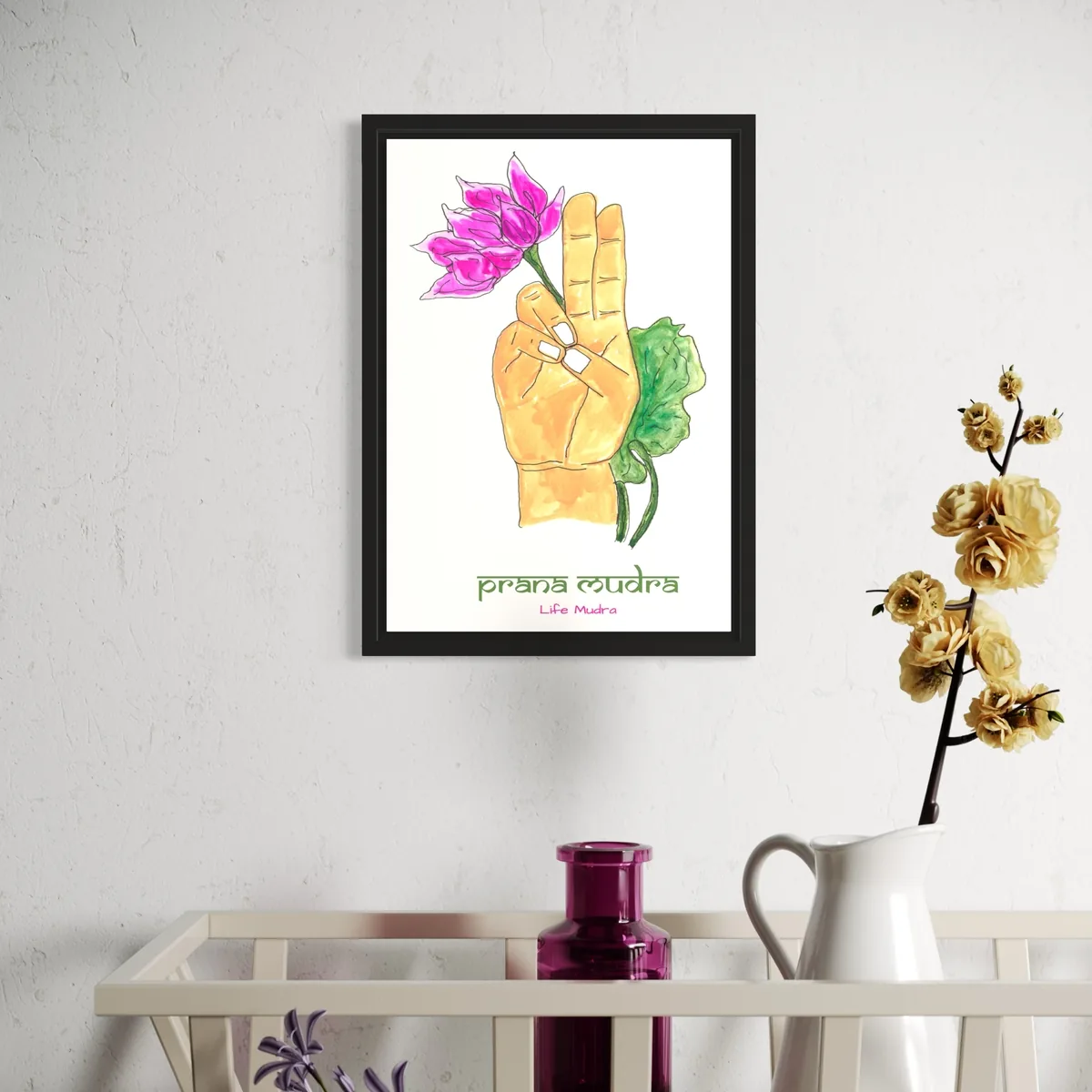 Vibrant watercolor depiction of hand gestures with pink and yellow flowers, framed artwork.