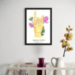 Vibrant watercolor hand gesture art featuring yellow, pink, and green tones in a black frame.