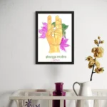 Watercolor depiction of a hand in a mudra pose with vibrant pink and green accents, framed art.