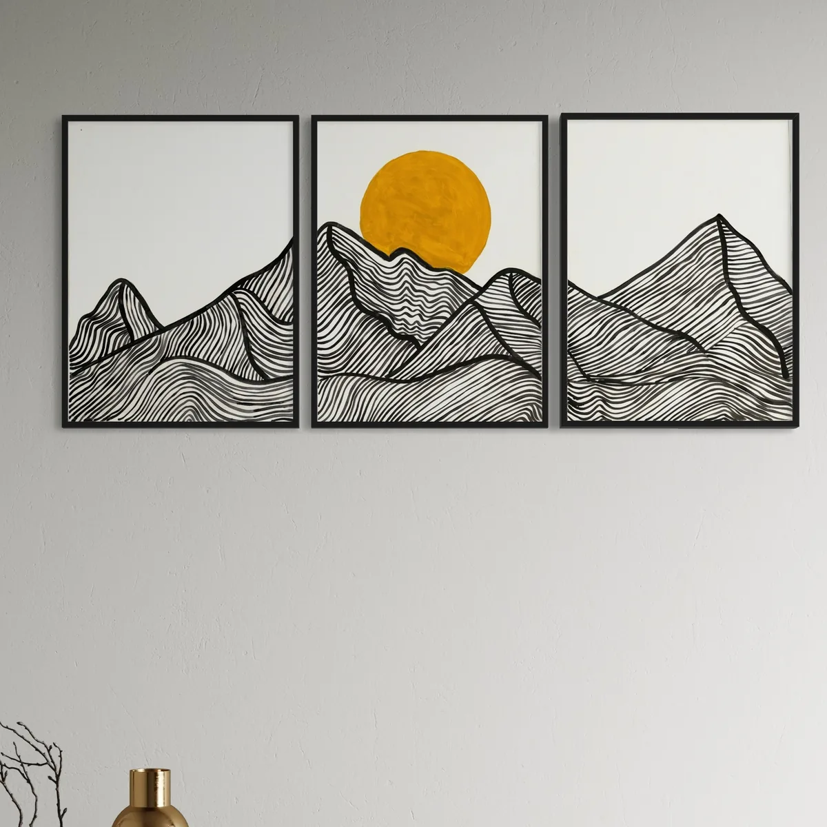 Black and white stylized mountains under a bright yellow circle, framed artwork.