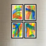 Abstract acrylic artwork featuring vibrant streaks of red, blue, green, and yellow in a modern style.