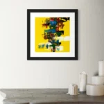 Yellow background with energetic, layered strokes of red, blue, green, and black paint.