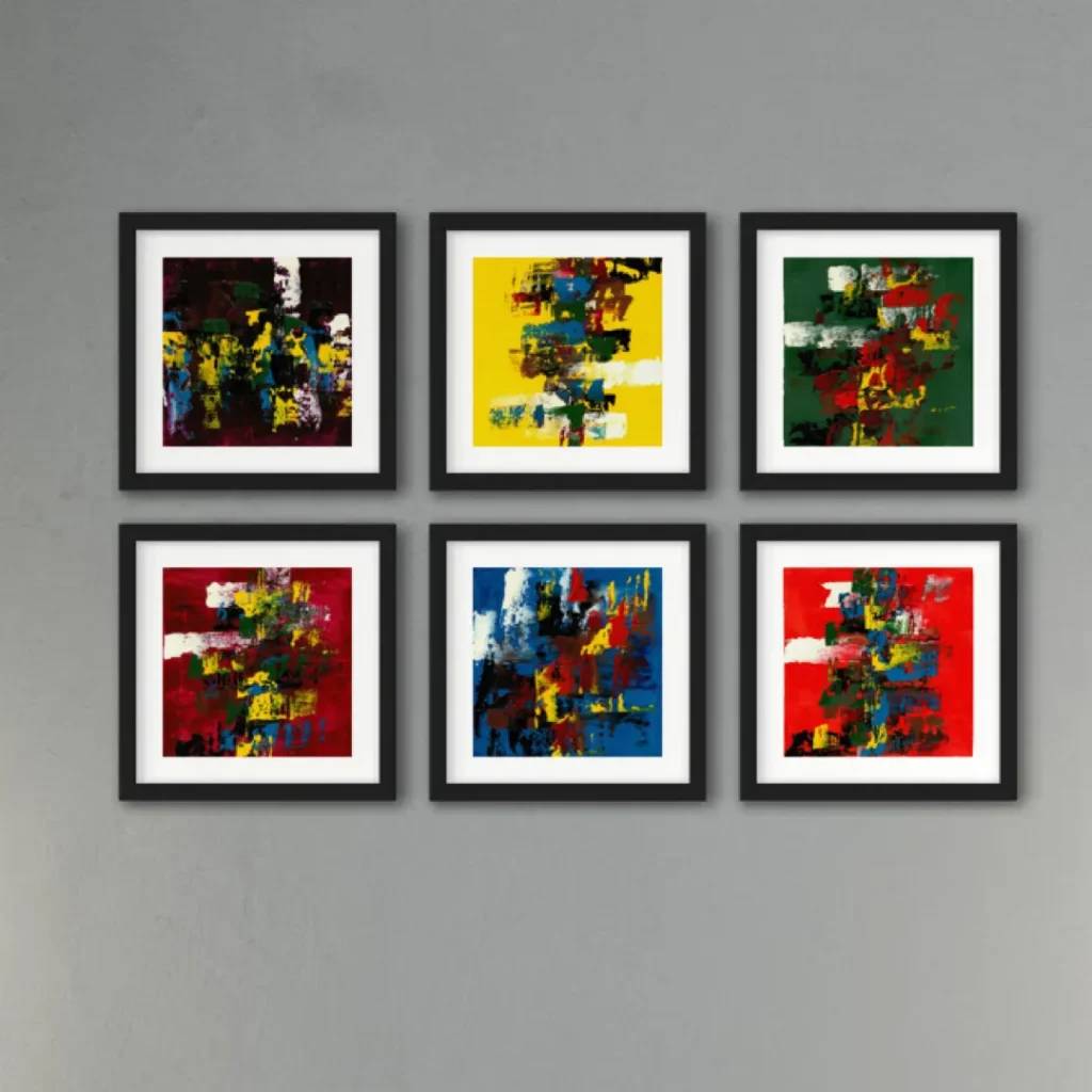 Vibrant abstract composition featuring bold reds, yellows, and blues in a black frame.