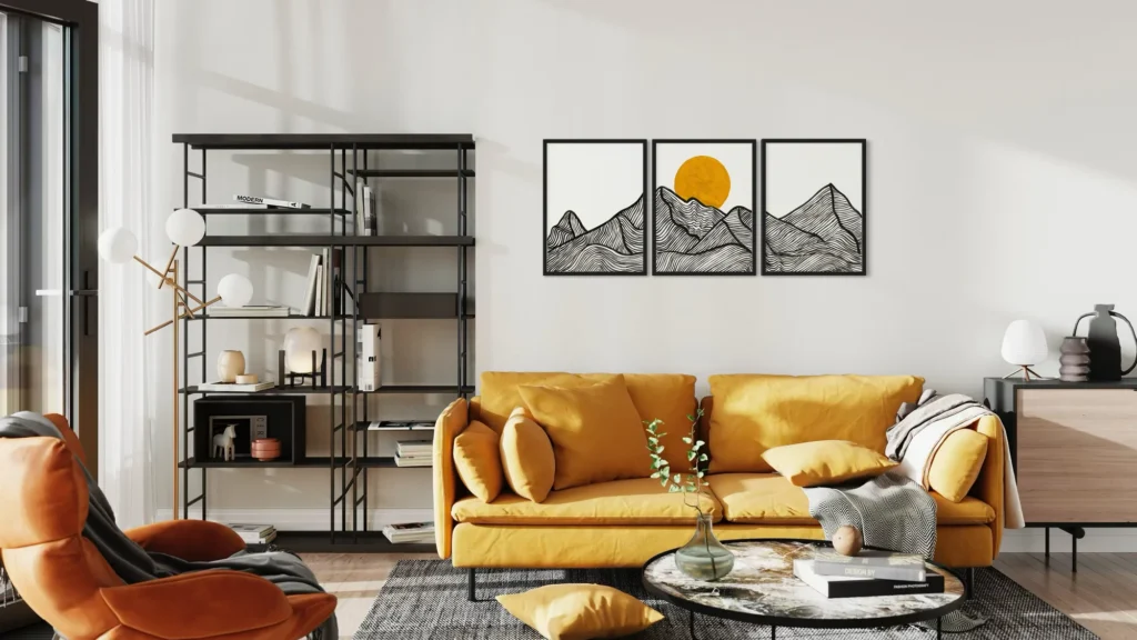 Abstract landscape featuring black, white, and ochre tones in a modern frame.
