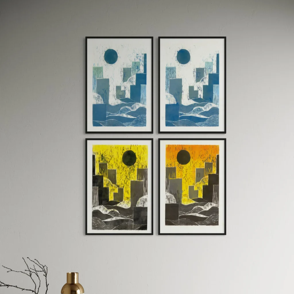 Abstract compositions in blues, grays, and yellows within black frames.