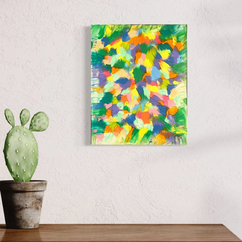 Vibrant abstract composition featuring bright greens, yellows, blues, and oranges in bold strokes.
