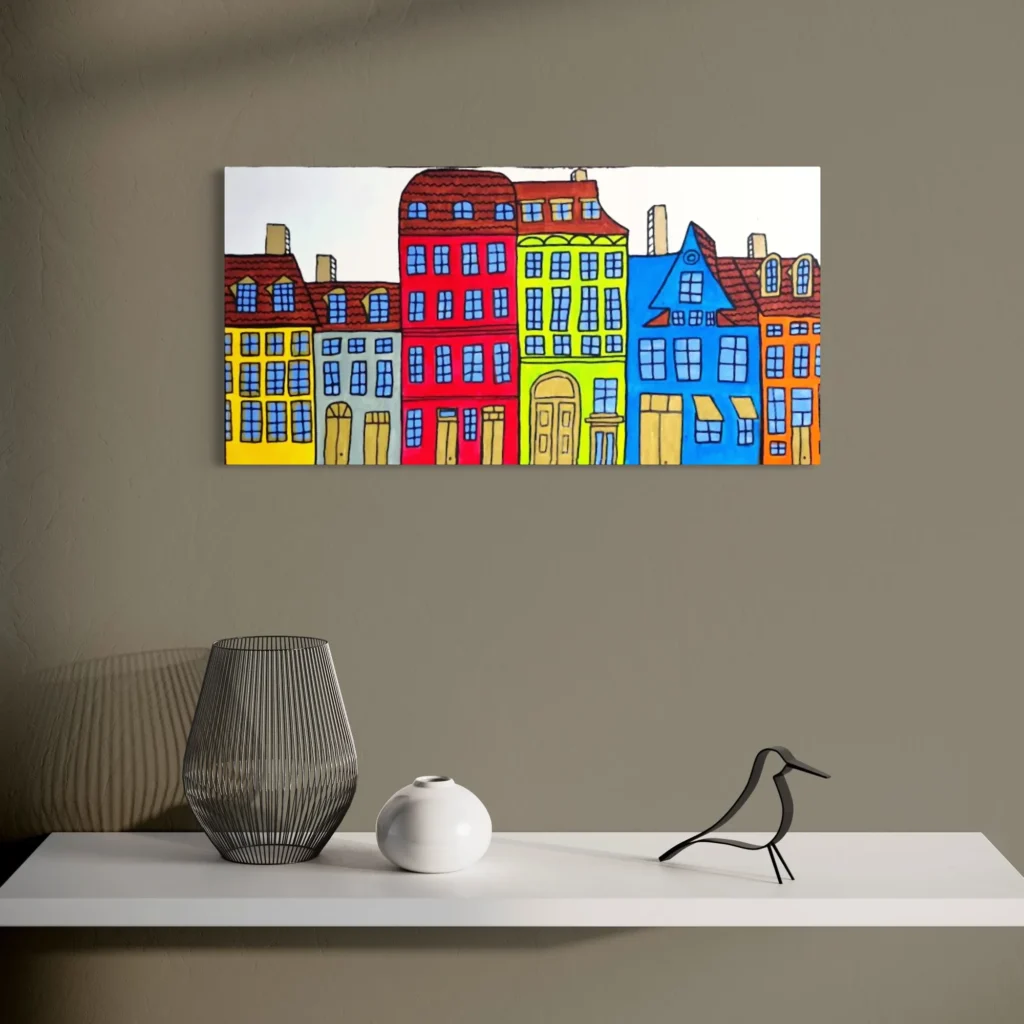 Colorful, stylized row of buildings in primary colors against a white background.