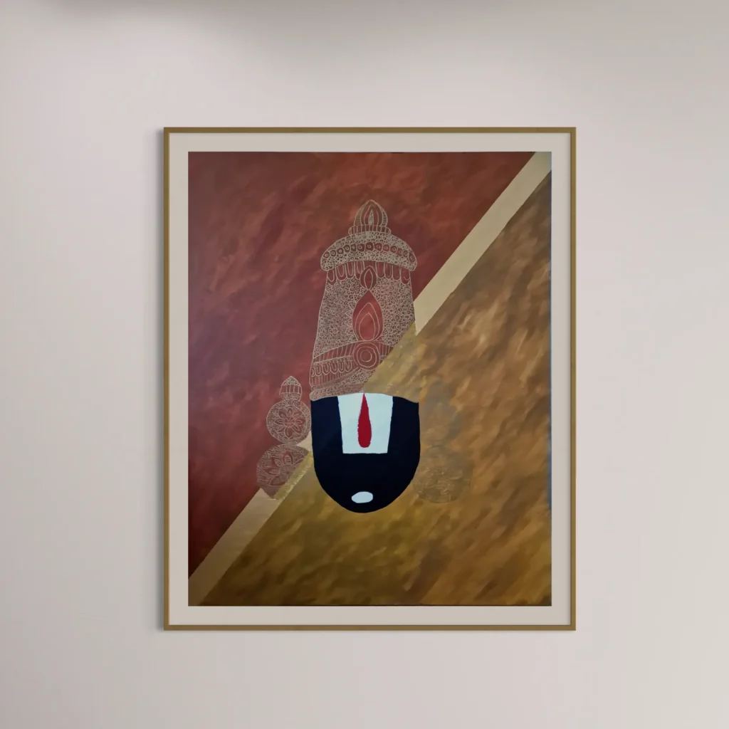 Brown and red abstract composition featuring a stylized, regal figure and shield design.