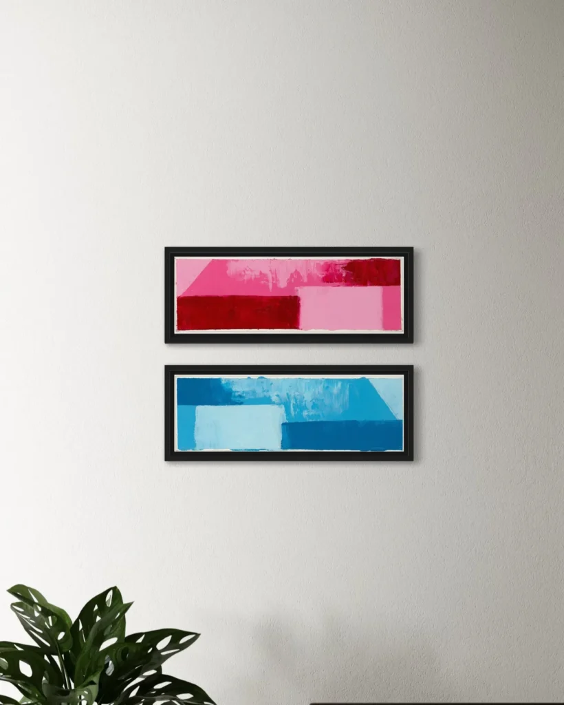 Abstract composition of pink, red, and blue rectangles in a black frame.