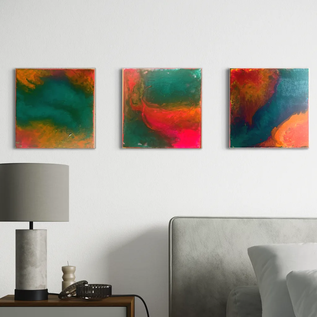 Abstract blend of deep teal, vibrant red, and orange hues in a modern style.