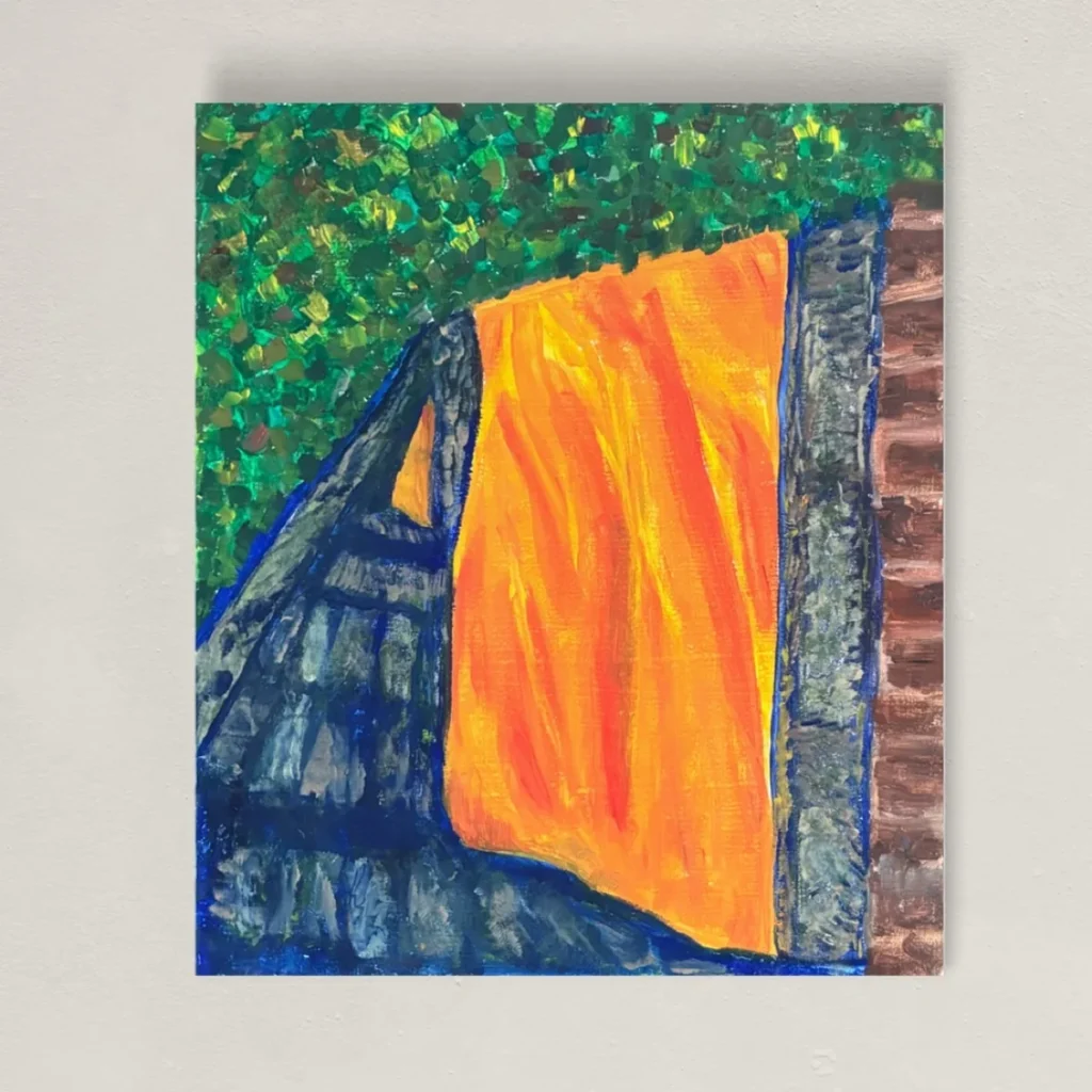 Vibrant orange and blue abstract composition set against a green background.