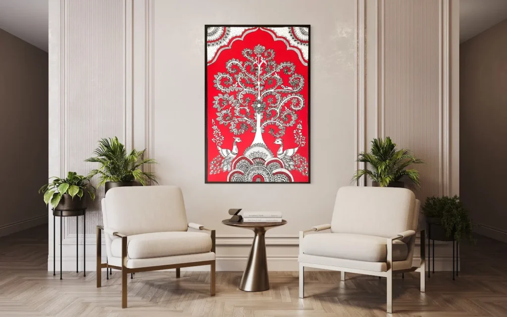 Vibrant red and white folk art depicting intricate patterns in a square frame.