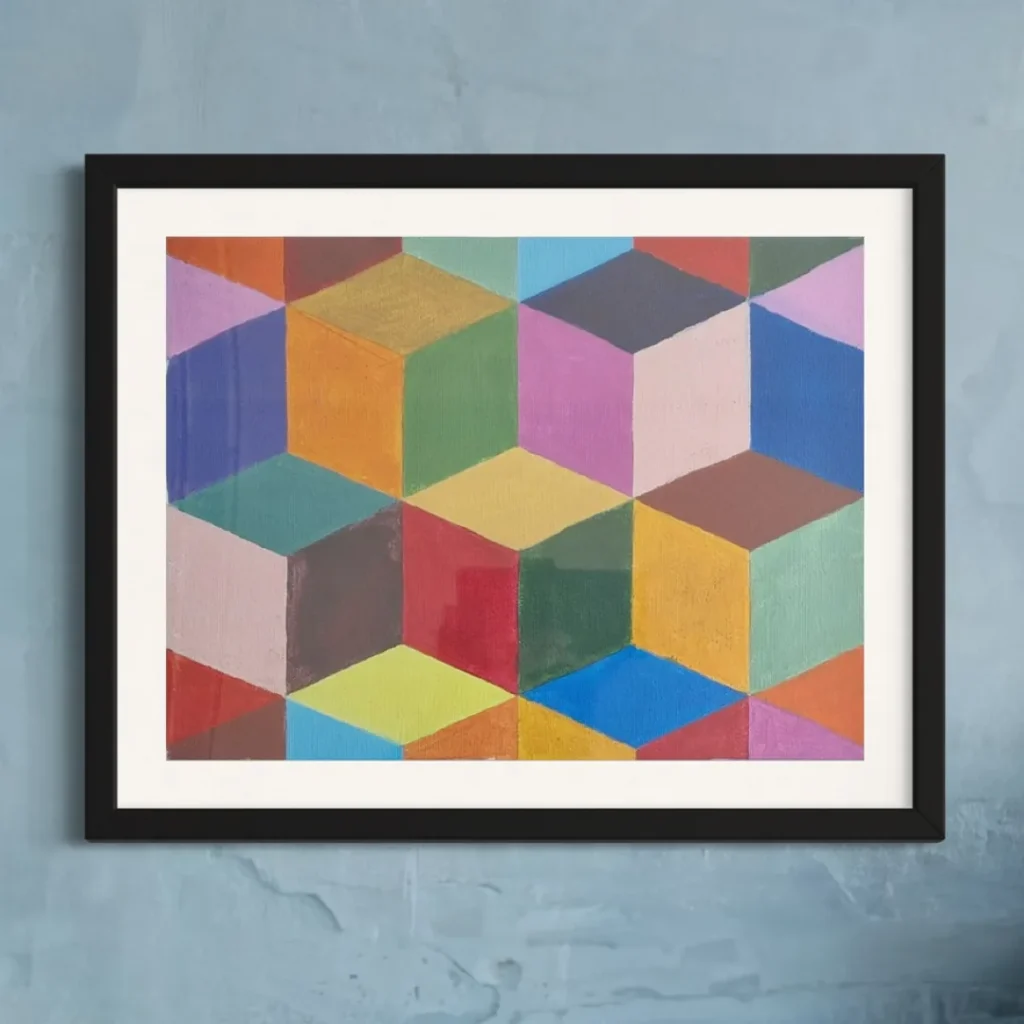 Abstract composition of colorful, geometric shapes in a black frame against a blue wall.