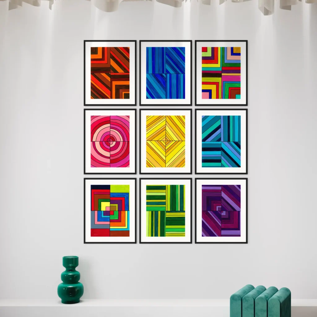 Abstract geometric composition in vibrant reds, blues, and yellows within a black frame.
