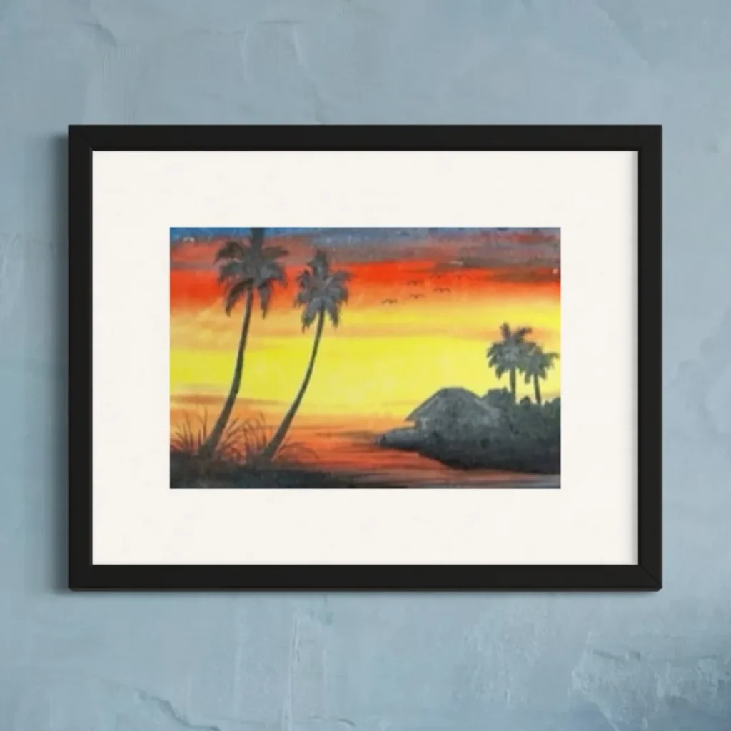 Sunset over a tropical landscape with palm trees, featuring warm reds and yellows in a framed artwork.