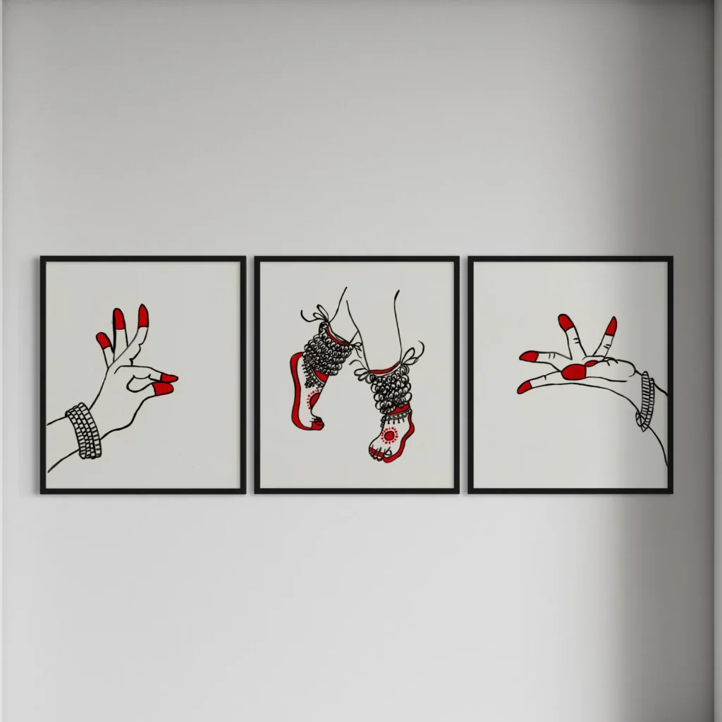 Three framed artworks featuring abstract red and black line drawings on white backgrounds.