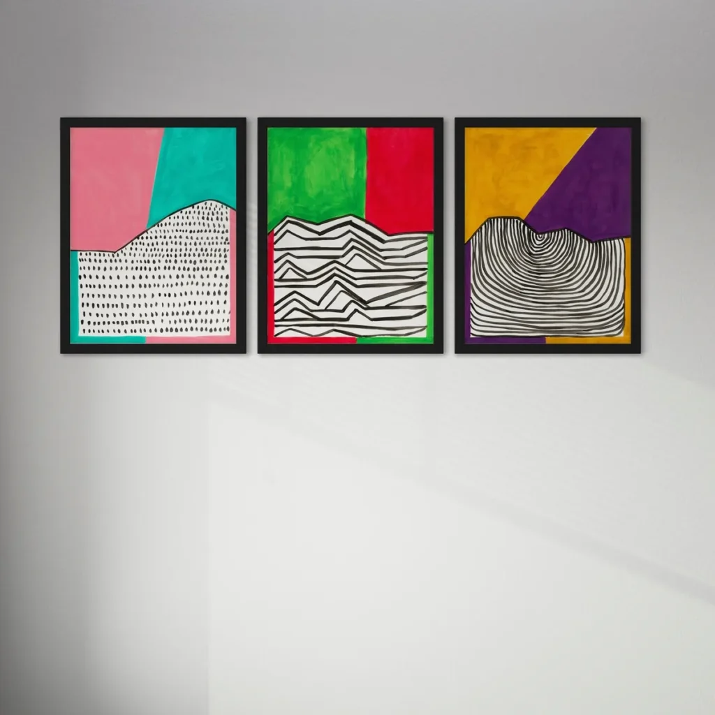 Abstract composition with bright blocks of color and black line art in a simple frame.